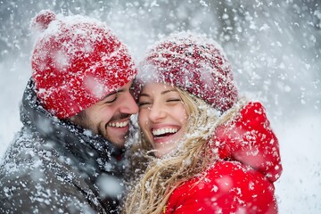 Wall Mural - Young couple in winter park on snow background