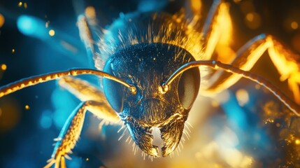 Sticker - Close-up of an Ant's Face Illuminated by Golden and Blue Lights