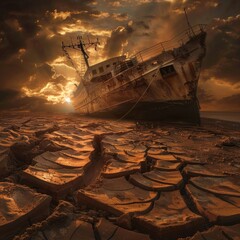 Stranded old ship wreck on dried up river mud crust as global warming climate change illustration 4