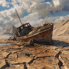 Stranded old ship wreck on dried up river mud crust as global warming climate change illustration 5