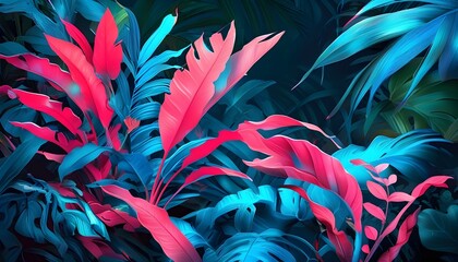 Sticker - Futuristic botanical artwork featuring tropical leaves bathed in vibrant pink and blue hues, capturing a sense of fantasy and wonder perfect for digital wallpapers