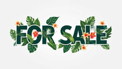 Wall Mural - for sale lettering with tropical plants leaves and flowers design on plain white background