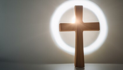 Wooden Cross with a Halo of Light
A wooden cross on the right side, surrounded by a soft halo of light on a white background, symbolizing purity and divinity.