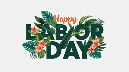 happy labor day lettering with tropical plants leaves and flowers design on plain white background