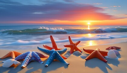 Tranquil beach at sunrise adorned with vibrant starfish and shells, gentle waves caressing the sand, creating a peaceful morning ambiance