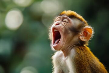 portrait of young monkey yawning with wide open mouth