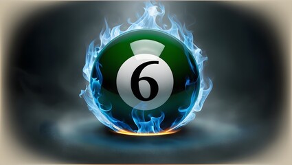 Wall Mural - Magic six ball in blue flames. A striking image featuring a green billiard ball with the number six engulfed in mystical blue fire on a dark background.