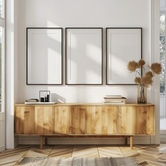 Minimalist living room interior with wooden sideboard, decor and three empty picture frames mockup on the wall. .