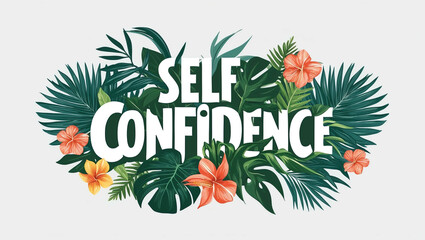 self confidence lettering with tropical plants leaves and flowers design on plain white background