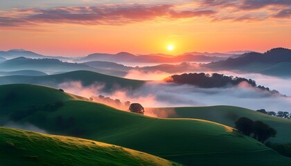 Wall Mural - Tranquil sunrise over fog-draped hills, embodying the serene beauty of remote landscapes perfect for wellness and nature retreats