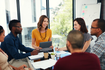 Wall Mural - Group, creative and meeting with tablet in office for web designer, collaboration and software feedback of project. Smile, people and digital idea with information, schedule and proposal presentation