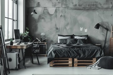 A minimalist bedroom with a pallet bed and a desk against a grey concrete wall.