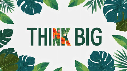 think big lettering with tropical plants leaves and flowers design on plain white background