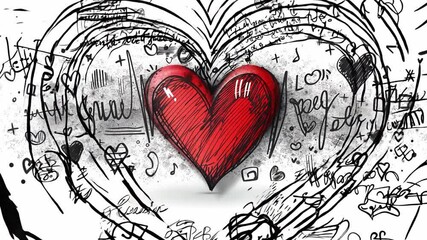 Poster - A colorful heart takes center stage amidst swirling sketches and patterns, representing love and creativity. The intricate details enhance feelings of warmth and joy.