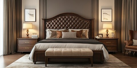 Canvas Print - dark brown cream classic hotel bedroom design with luxury traditional wooden bed frame with leather buttons pattern and eco friendly classic bamboo lamp 