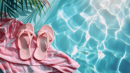 Summertime sandals pink premium concept washroom blanket background with pool