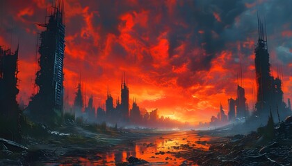 Wall Mural - Red-skied apocalyptic landscape showcasing crumbling civilizations, perfect for survival and dystopian themes in storytelling