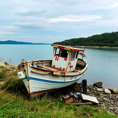 Old rusty fishing boat on the slope along the shore of the lake