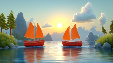 a serene sunset view with vibrant orange-sailed boats gliding across calm waters, surrounded by lush