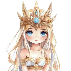 Sticker - Watercolor Illustration of a Beautiful Anime Girl with a Golden Crown.