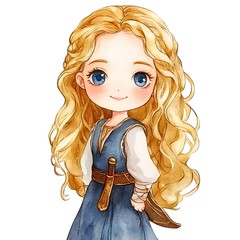 Poster - Watercolor Illustration of a Cute Cartoon Girl with Blonde Hair.