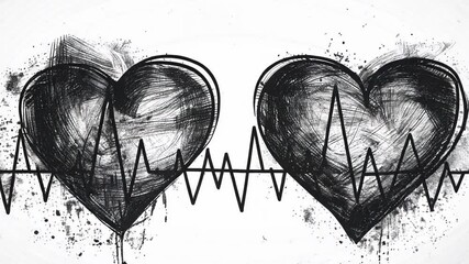 Aufkleber - The artwork features two stylized hearts linked by a heartbeat line, expressing themes of love and connection. The design is created in a minimalist black and white style.
