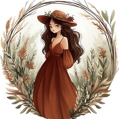 Poster - Watercolor Illustration of a Woman in a Brown Dress with a Flower Crown.