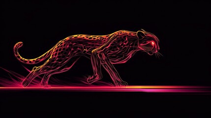 A neon cheetah running on a black background.