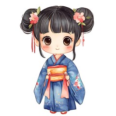 Wall Mural - Adorable Watercolor Illustration of a Young Girl in Traditional Japanese Kimono.