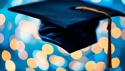 Dark graduation cap in focus with soft blue bokeh lights, representing the end of a journey and the start of new dreams