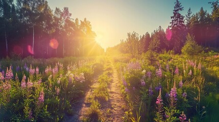 Wall Mural - Picturesque_landscape_Sunrise_Flowers_Forest