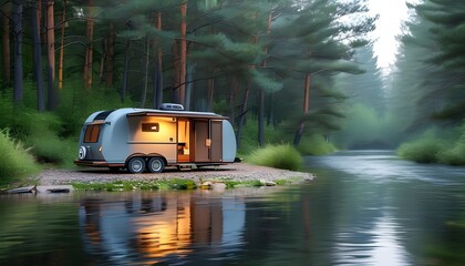 Stylish camper nestled in tranquil forest by a serene river, reflecting modern small-scale mobile living design