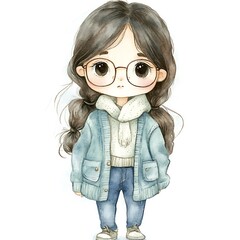 Poster - Watercolor Illustration of a Cute Girl with Big Eyes and Glasses.