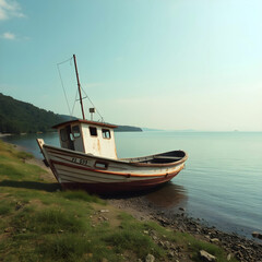 Old rusty fishing boat on the slope along the shore of the lake