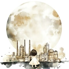 Canvas Print - Little Girl Gazing at an Industrial Cityscape Under a Watercolor Moon.