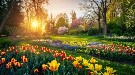 Wall Mural - _Spring_sunset_Flower_Garden_beautiful_nature