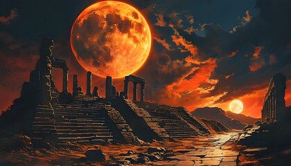 Mystical red moon illuminating ancient ruins, evoking intrigue and history in a dramatic nightscape