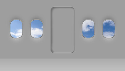 Canvas Print - Beautiful sky with clouds, view through airplane windows in grey sidewall of cabin