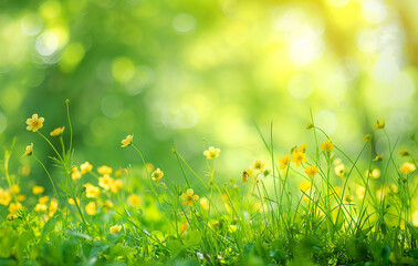 Wall Mural - beautiful blurred background of natural spring green grass and forest meadow with trees on a sunny d