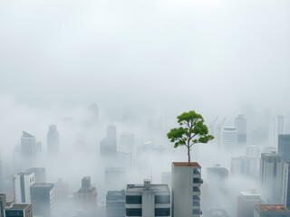 Cityscape with tree in the foggy morning, Business concept.