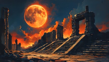 Mystical red moon illuminating ancient ruins, evoking intrigue and history in a dramatic nightscape