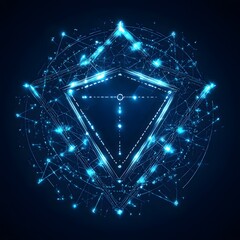 Wall Mural - Medical security health shield translucent low poly triangle futuristic glowing surrounded by arrows. On dark blue background. Immunity protection medical innovation concept.