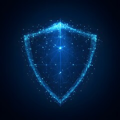 Wall Mural - Medical security health shield translucent low poly triangle futuristic glowing surrounded by arrows. On dark blue background. Immunity protection medical innovation concept.