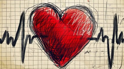Poster - A hand-drawn red heart is depicted alongside a continuous electrocardiogram line, conveying passion and life. The artistic touch adds depth to the heart's essence on textured paper.