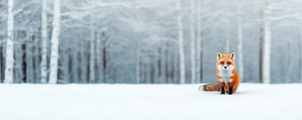 Fox against the background of a winter snowy landscape. Winter forest. Wildlife