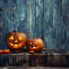 Still life with two shining carved Halloween pumpkins on wooden board surface and background. Concept of Halloween celebration, Trick or Treat and season.