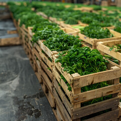 Wall Mural - Parsley harvested in wooden boxes in a warehouse. Natural organic fruit abundance. Healthy and natural food storing and shipping concept.