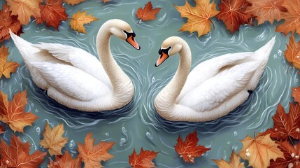 Wall Mural - A pair of swans swimming gracefully on a calm lake at sunset