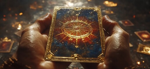 A hand holding a mystical card with golden details and a compass design.