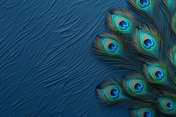 Green and blue peacock bird feathers background with copy space. Natural neutral texture